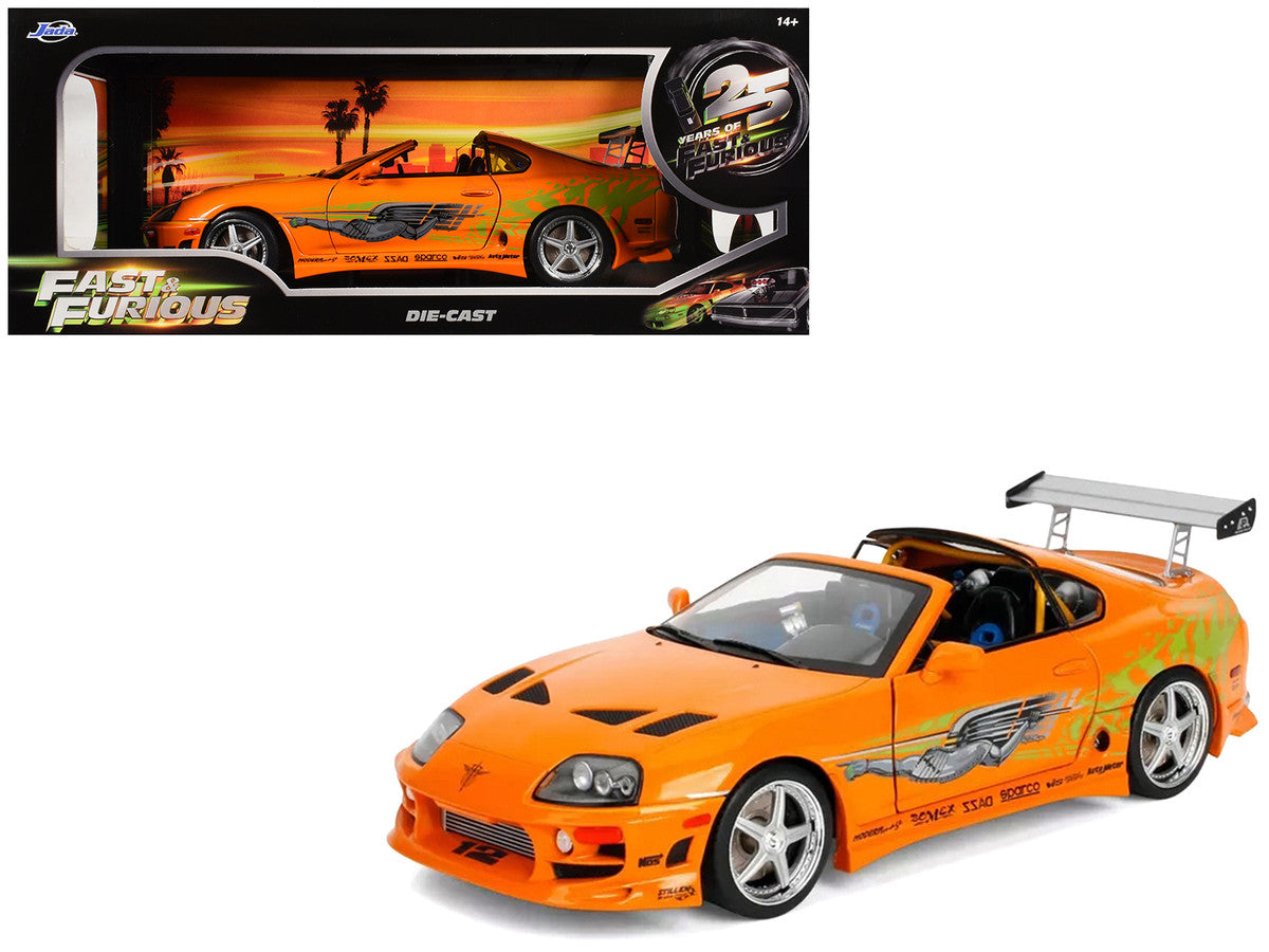 1993 Toyota Supra Orange with Graphics "The Fast and the Furious" (2001) Movie "25 Years of Fast & Furious" Series 1/18 Diecast Model Car by Jada Jada