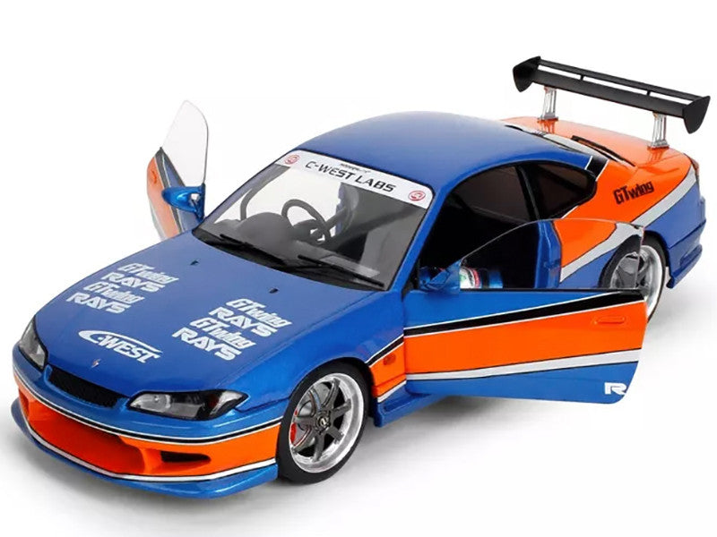 2002 Nissan Silvia (S15) RHD (Right Hand Drive) Blue Metallic with Orange Graphics "The Fast and the Furious: Tokyo Drift" (2006) Movie "25 Years of Fast & Furious" Series 1/18 Diecast Model Car by Jada Jada