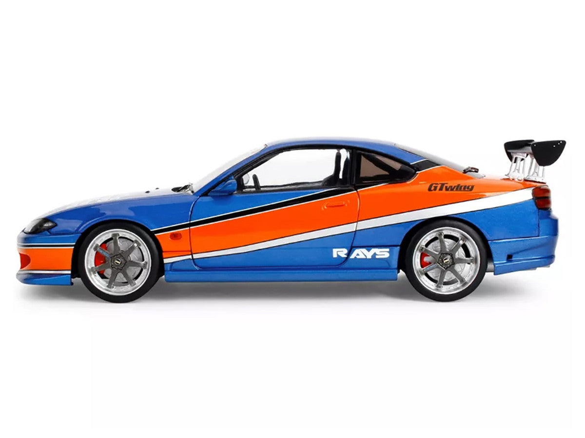 2002 Nissan Silvia (S15) RHD (Right Hand Drive) Blue Metallic with Orange Graphics "The Fast and the Furious: Tokyo Drift" (2006) Movie "25 Years of Fast & Furious" Series 1/18 Diecast Model Car by Jada Jada