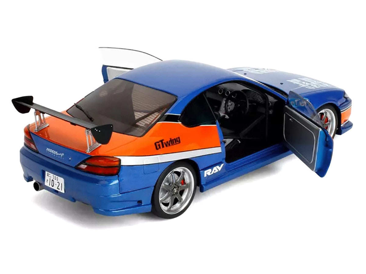 2002 Nissan Silvia (S15) RHD (Right Hand Drive) Blue Metallic with Orange Graphics "The Fast and the Furious: Tokyo Drift" (2006) Movie "25 Years of Fast & Furious" Series 1/18 Diecast Model Car by Jada Jada
