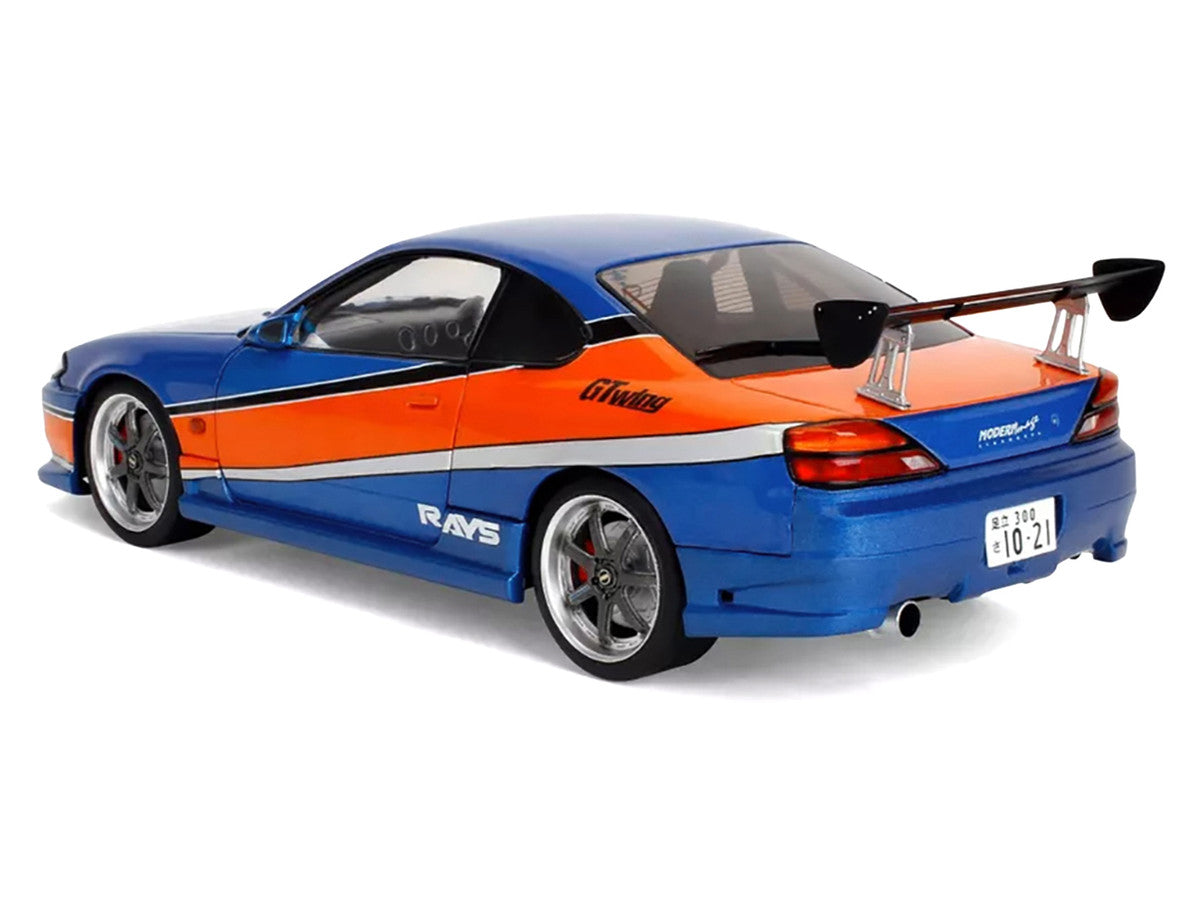 2002 Nissan Silvia (S15) RHD (Right Hand Drive) Blue Metallic with Orange Graphics "The Fast and the Furious: Tokyo Drift" (2006) Movie "25 Years of Fast & Furious" Series 1/18 Diecast Model Car by Jada Jada