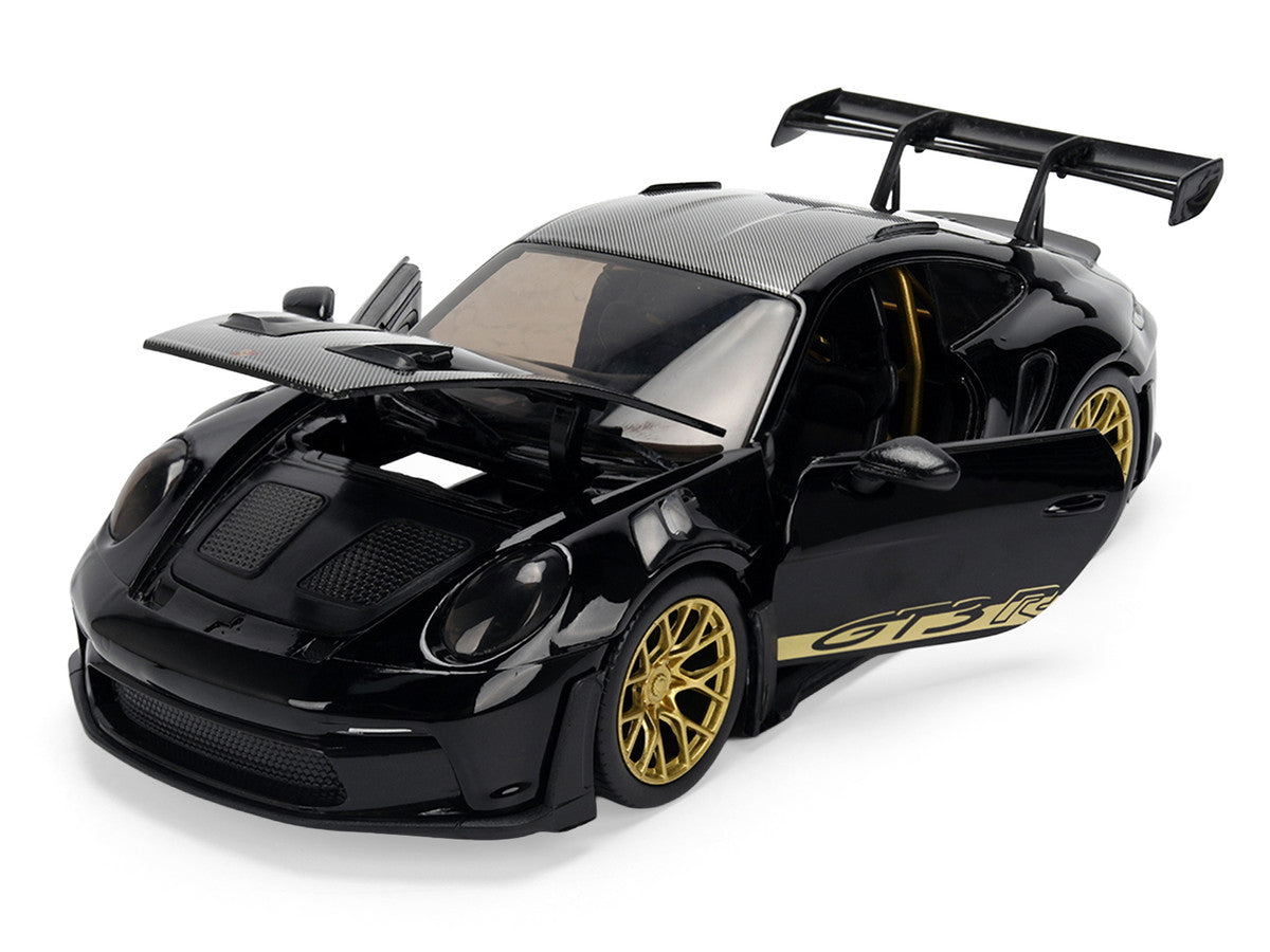 Porsche 911 (992) GT3 RS Black with Carbon Top and Hood Stripes and Gold Wheels "Hyper-Spec" 1/24 Diecast Model Car by Jada Jada