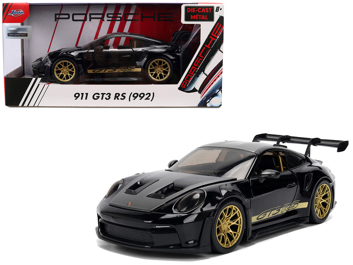Porsche 911 (992) GT3 RS Black with Carbon Top and Hood Stripes and Gold Wheels "Hyper-Spec" 1/24 Diecast Model Car by Jada Jada