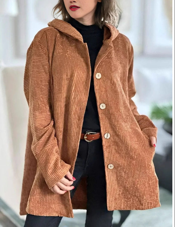 Women's Corduroy Hooded Jacket Fashion Warm Pockets Button Mid-length Top Casual Fall Winter Outwear Clothing LadyShow.Store