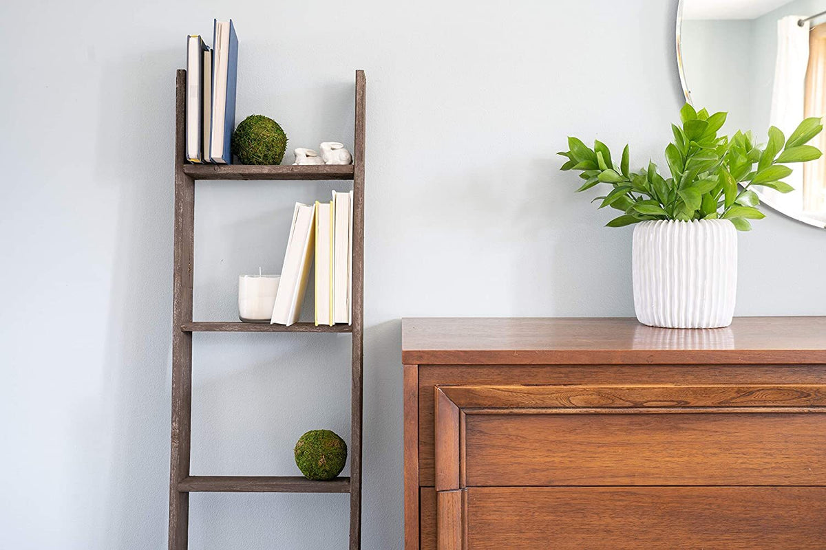 4 Step Rustic Black Wood Ladder Shelf W2B