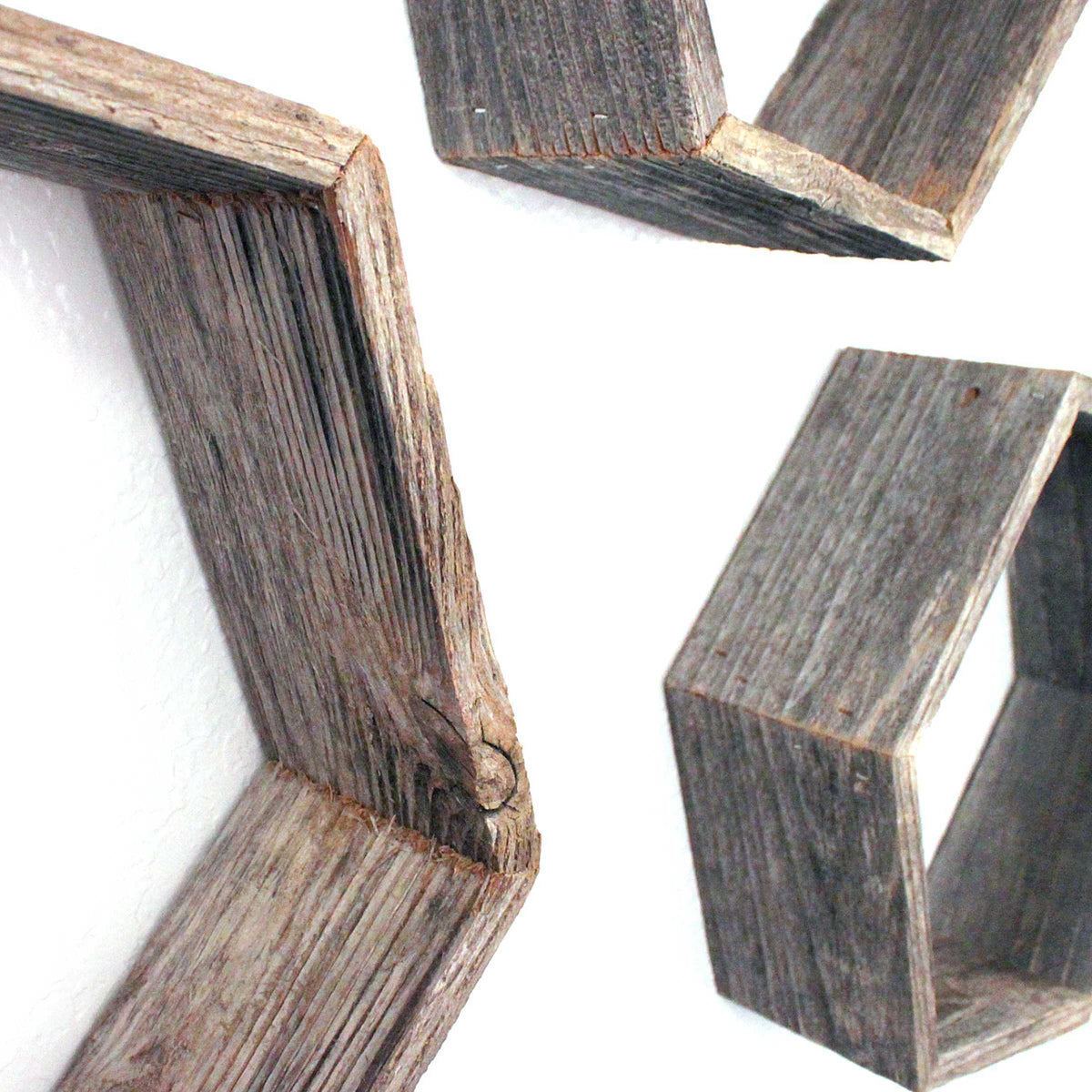 Set Of 3 Hexagon Rustic Natural Weathered Grey Wood Open Box Shelve W2B
