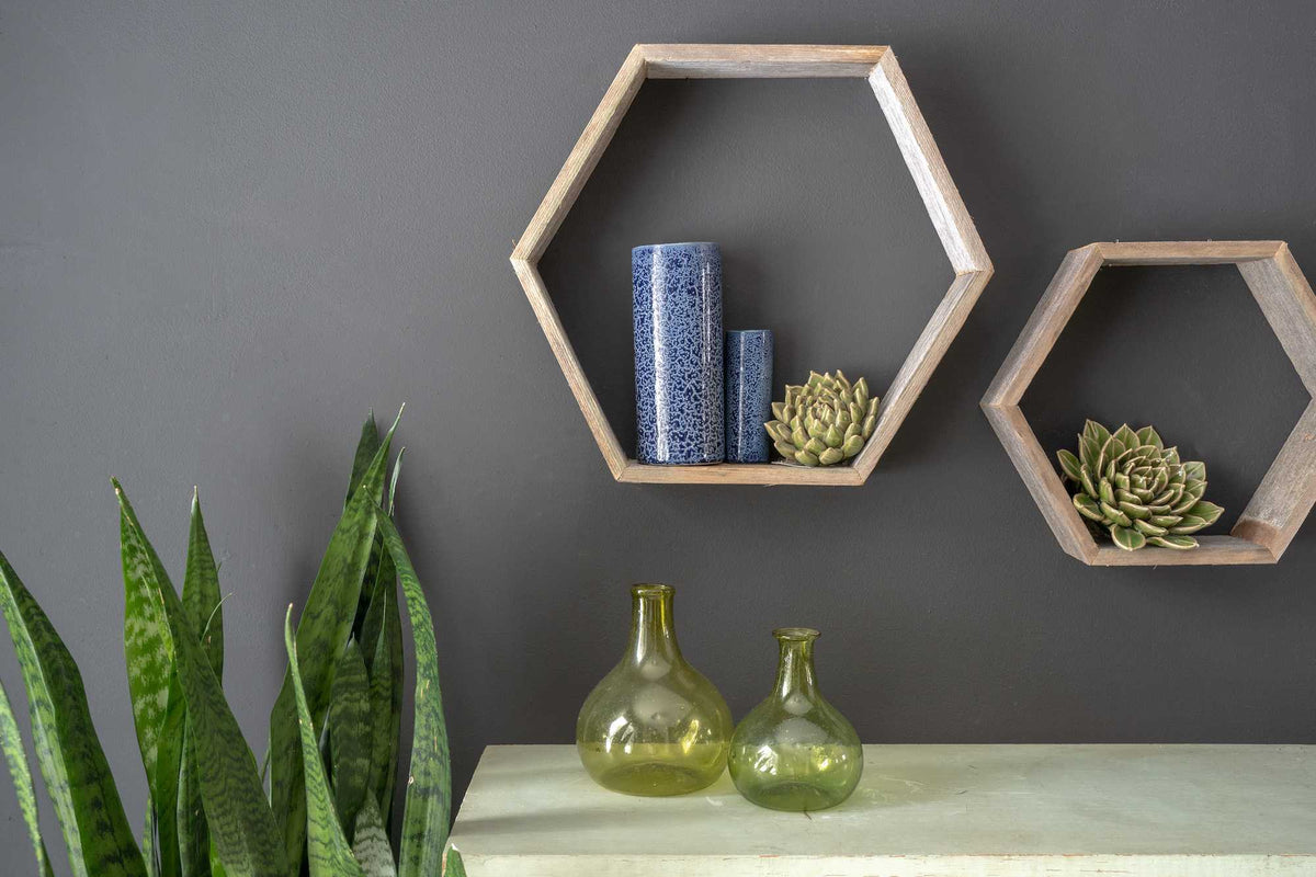 Set Of 3 Hexagon Rustic Natural Weathered Grey Wood Open Box Shelve W2B
