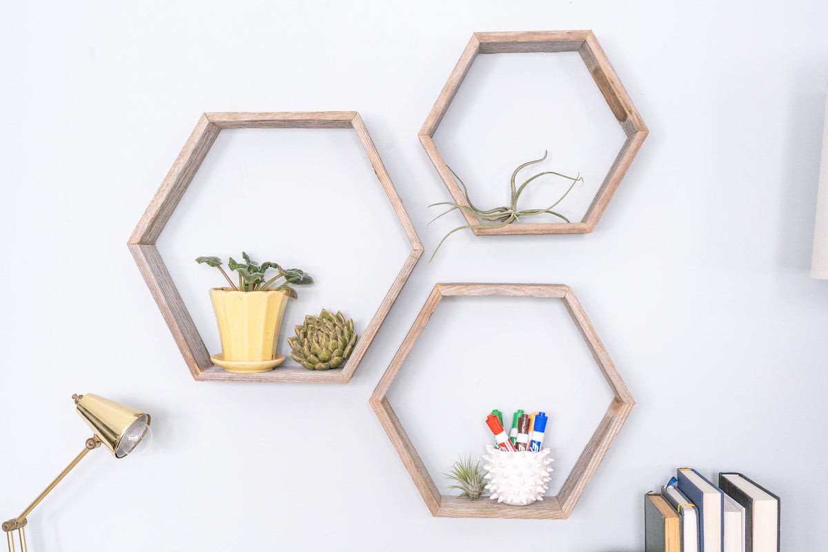 Set Of 3 Hexagon Rustic Natural Weathered Grey Wood Open Box Shelve W2B