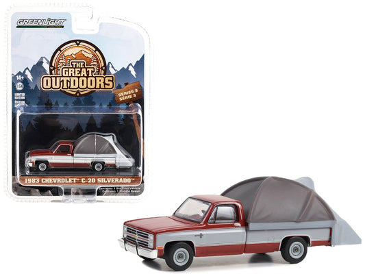 1983 Chevrolet C-20 Silverado Pickup Truck Carmine Red and Silver Metallic with Modern Truck Bed Tent "The Great Outdoors" Series 3 1/64 Diecast Model Car by Greenlight