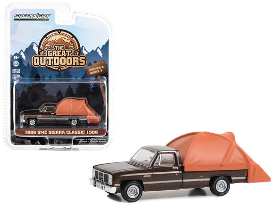 1986 GMC Sierra Classic 1500 Pickup Truck Dark Brown Metallic with Modern Truck Bed Tent "The Great Outdoors" Series 3 1/64 Diecast Model Car by Greenlight