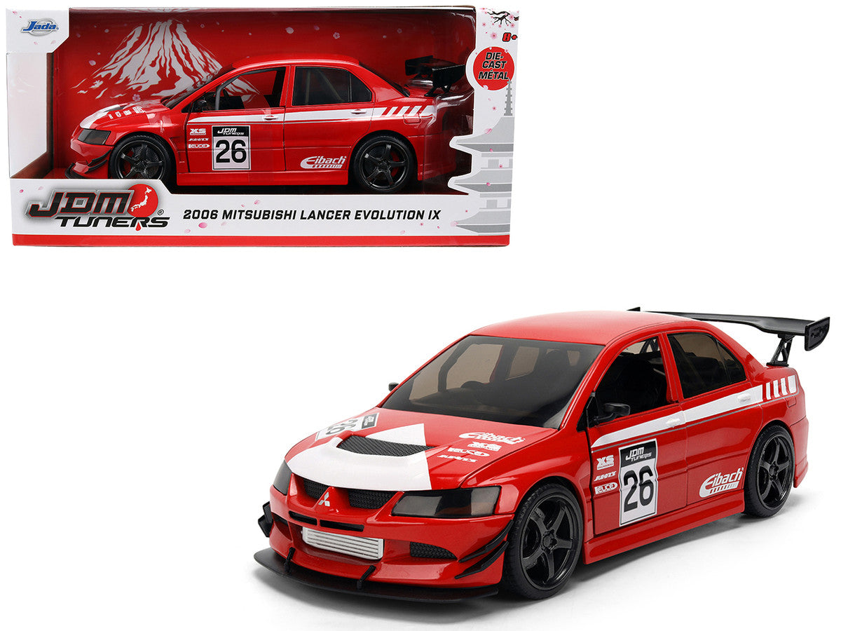 2006 Mitsubishi Lancer Evolution IX RHD (Right Hand Drive) #26 Red with White Graphics "JDM Tuners" Series 1/24 Diecast Model Car by Jada Jada