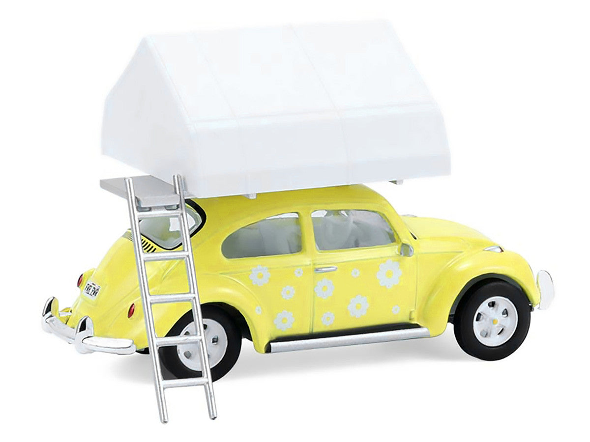 Volkswagen Classic Beetle Yellow with White Flower Graphics and Interior with Camp'otel Cartop Sleeper Tent "The Great Outdoors" Series 4 1/64 Diecast Model Car by Greenlight Greenlight