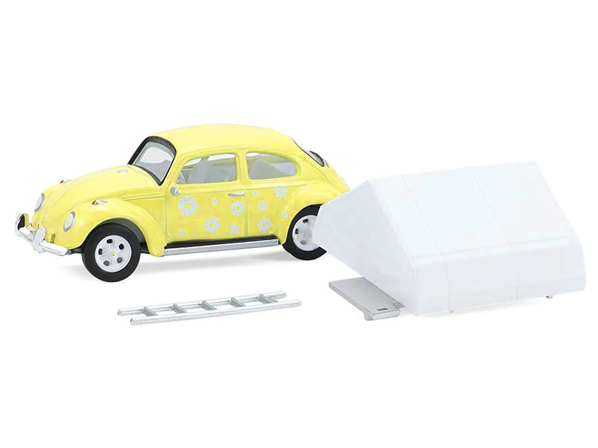 Volkswagen Classic Beetle Yellow with White Flower Graphics and Interior with Camp'otel Cartop Sleeper Tent "The Great Outdoors" Series 4 1/64 Diecast Model Car by Greenlight Greenlight