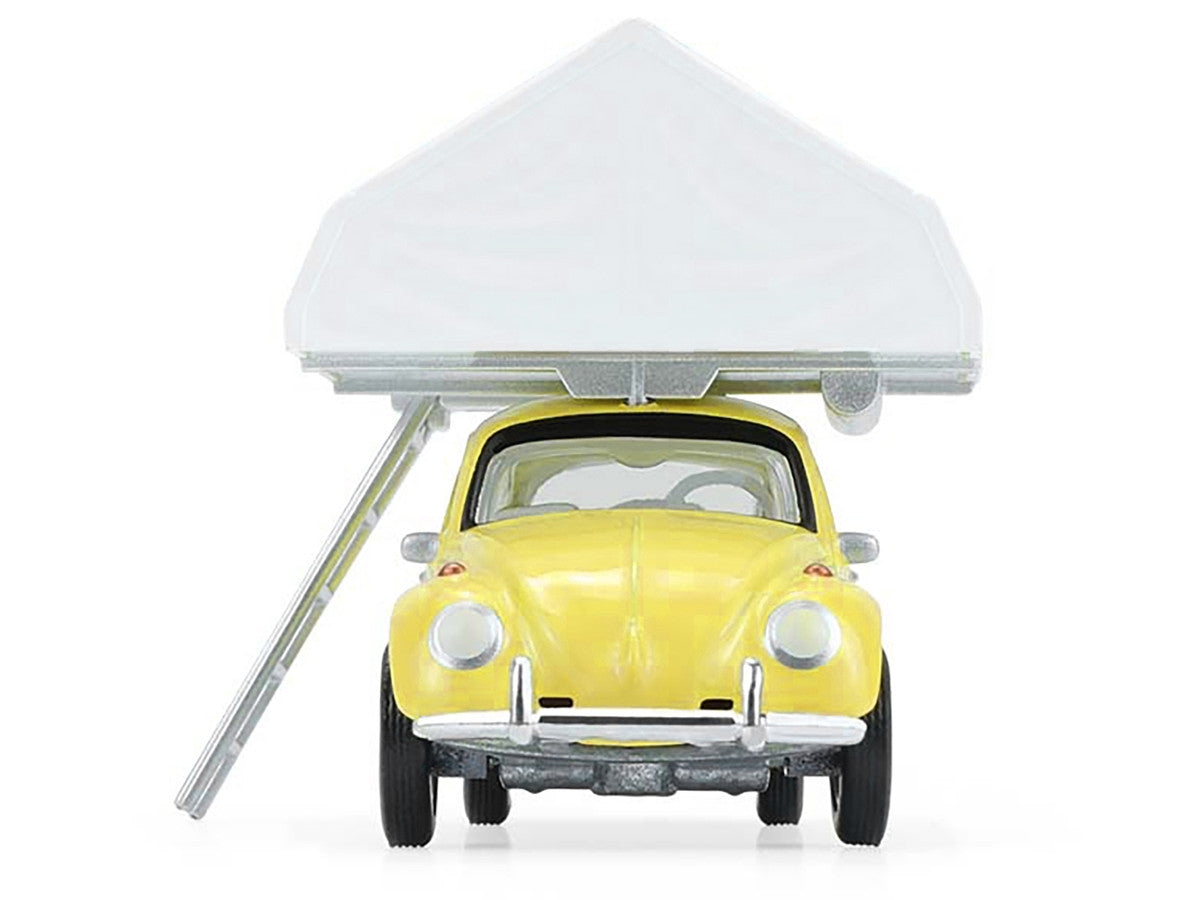 Volkswagen Classic Beetle Yellow with White Flower Graphics and Interior with Camp'otel Cartop Sleeper Tent "The Great Outdoors" Series 4 1/64 Diecast Model Car by Greenlight Greenlight