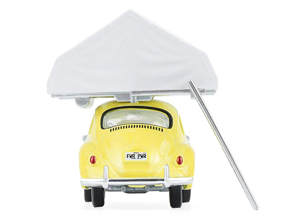 Volkswagen Classic Beetle Yellow with White Flower Graphics and Interior with Camp'otel Cartop Sleeper Tent "The Great Outdoors" Series 4 1/64 Diecast Model Car by Greenlight Greenlight