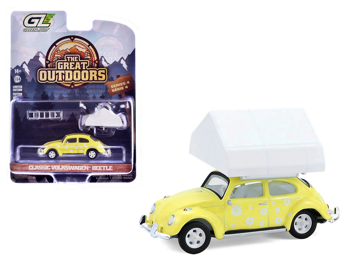 Volkswagen Classic Beetle Yellow with White Flower Graphics and Interior with Camp'otel Cartop Sleeper Tent "The Great Outdoors" Series 4 1/64 Diecast Model Car by Greenlight Greenlight