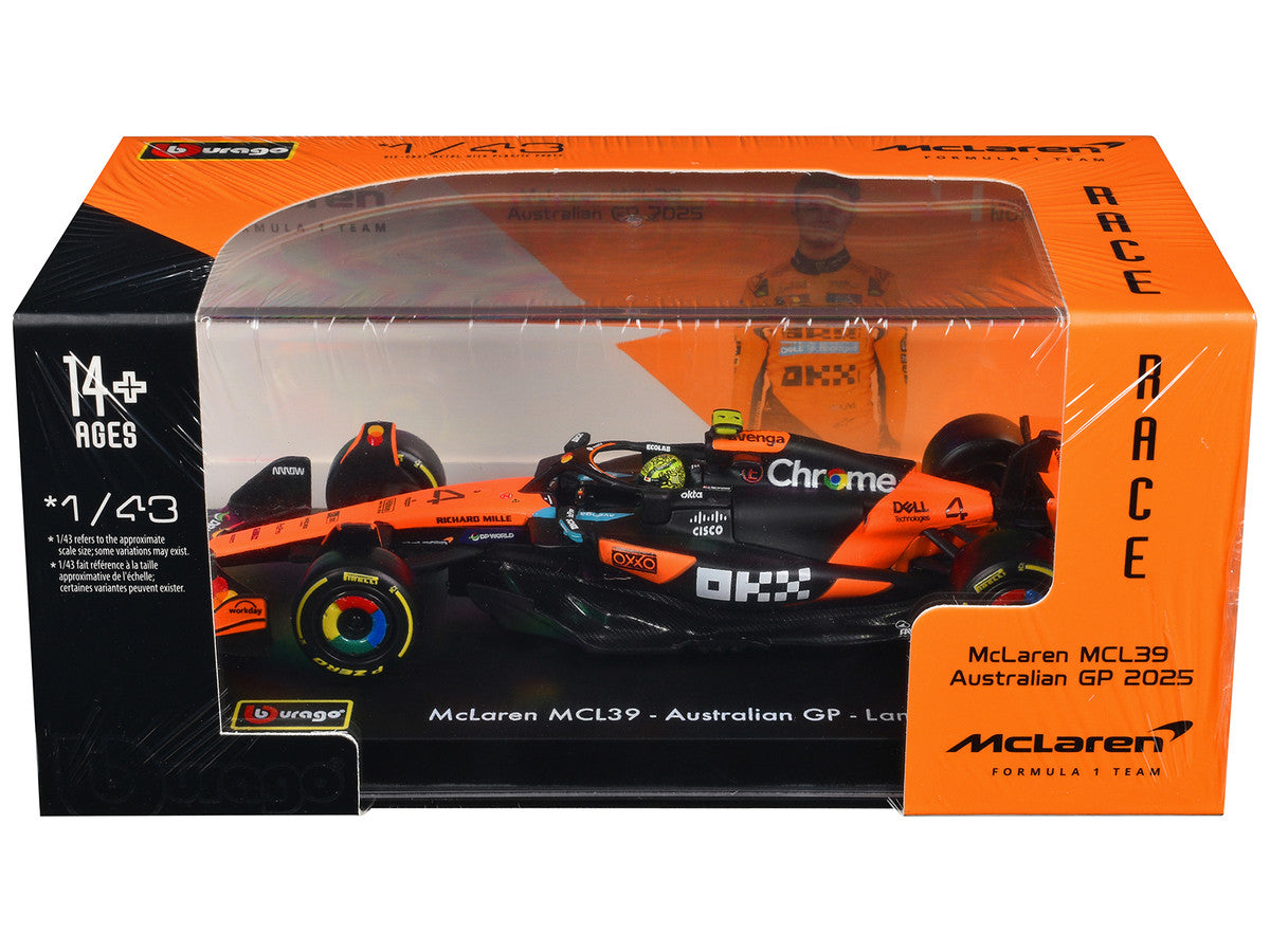 McLaren MCL39 #4 Lando Norris Winner Formula One F1 "Australian GP" (2025) with Display Case "Race" Series 1/43 Diecast Model Car by Bburago Bburago