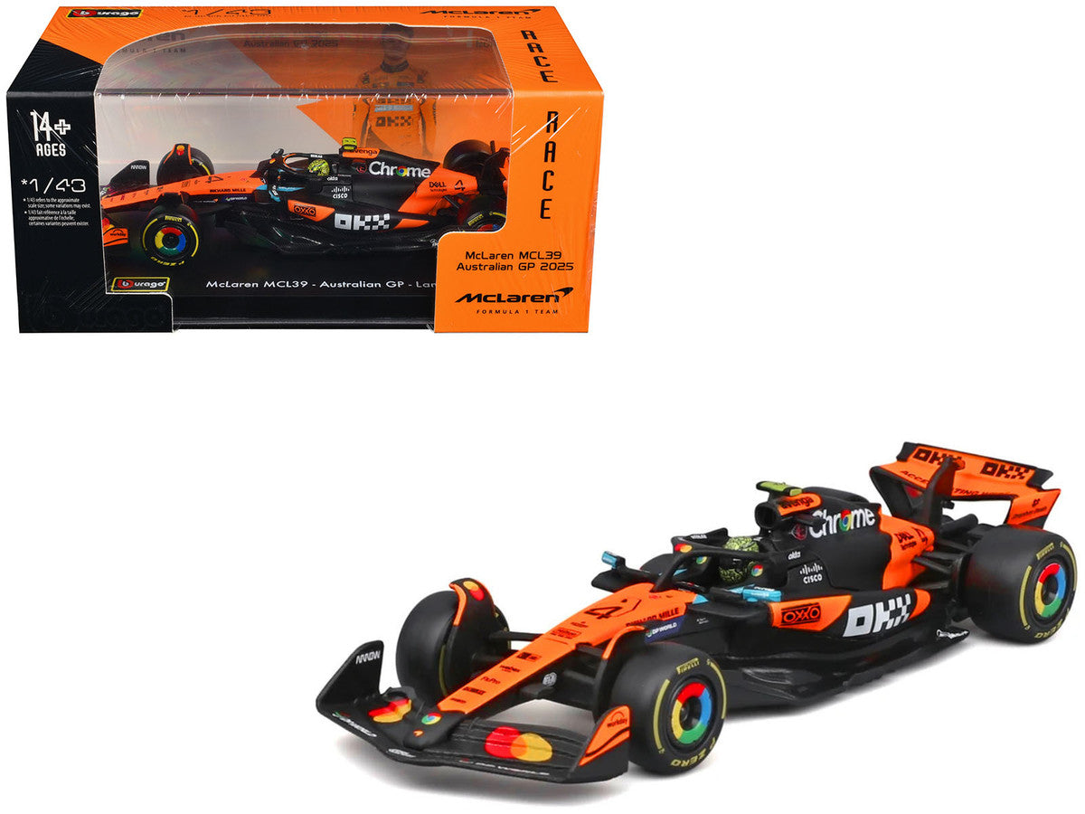 McLaren MCL39 #4 Lando Norris Winner Formula One F1 "Australian GP" (2025) with Display Case "Race" Series 1/43 Diecast Model Car by Bburago Bburago