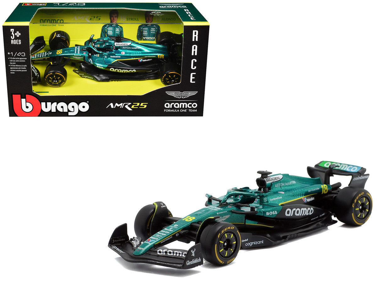 Aston Martin AMR25 #18 Lance Stroll "Aramco" Formula One F1 World Championship (2025) "Race" Series 1/43 Diecast Model Car by Bburago Bburago