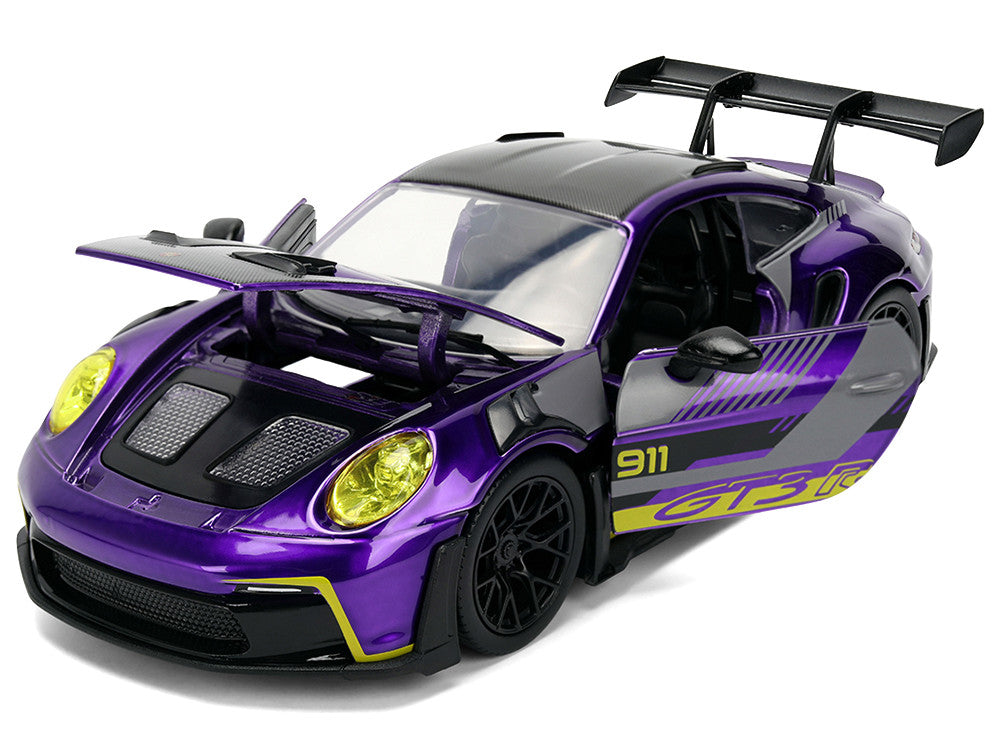 Porsche 911 GT3 RS (992) Candy Purple with Carbon Top and Hood Stripes and Graphics "AutoWorks" Series 1/24 Diecast Car Model by Jada Jada