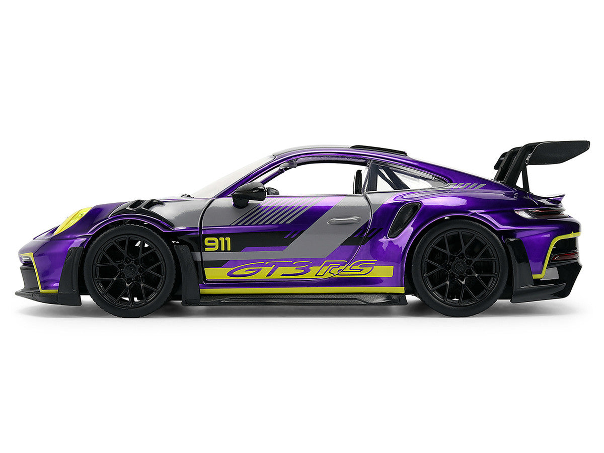 Porsche 911 GT3 RS (992) Candy Purple with Carbon Top and Hood Stripes and Graphics "AutoWorks" Series 1/24 Diecast Car Model by Jada Jada