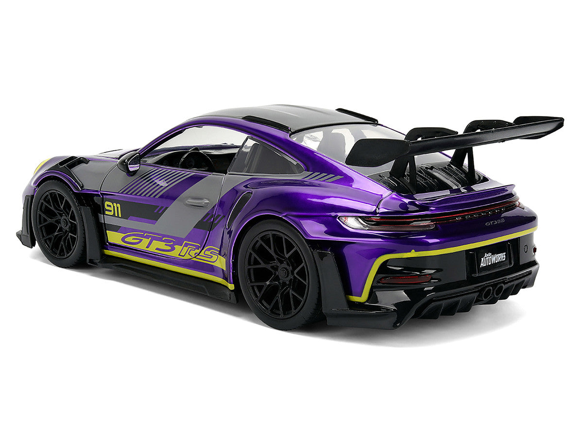 Porsche 911 GT3 RS (992) Candy Purple with Carbon Top and Hood Stripes and Graphics "AutoWorks" Series 1/24 Diecast Car Model by Jada Jada
