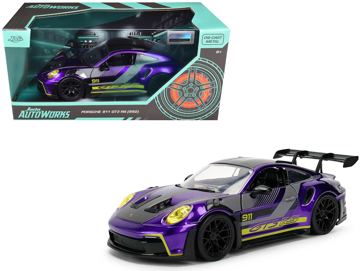 Porsche 911 GT3 RS (992) Candy Purple with Carbon Top and Hood Stripes and Graphics "AutoWorks" Series 1/24 Diecast Car Model by Jada Jada