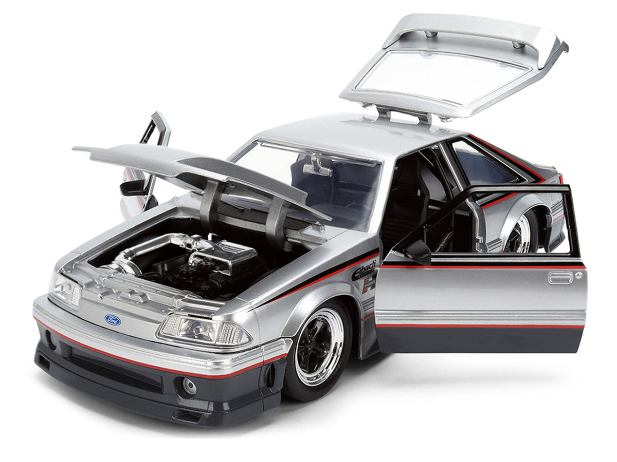 1989 Ford Mustang GT Silver Metallic and Gray with Black and Red Stripes "AutoWorks" Series 1/24 Diecast Car Model by Jada Jada