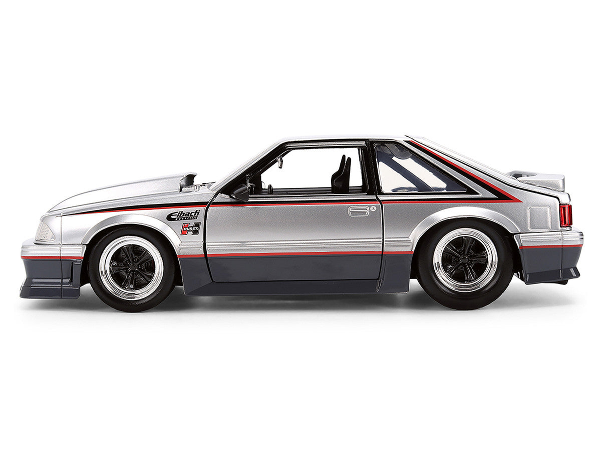 1989 Ford Mustang GT Silver Metallic and Gray with Black and Red Stripes "AutoWorks" Series 1/24 Diecast Car Model by Jada Jada