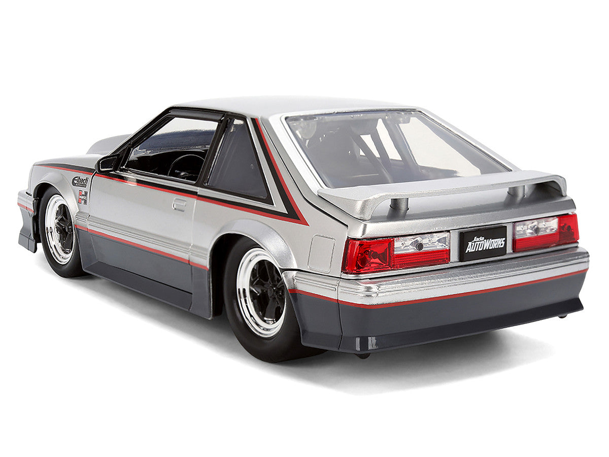 1989 Ford Mustang GT Silver Metallic and Gray with Black and Red Stripes "AutoWorks" Series 1/24 Diecast Car Model by Jada Jada