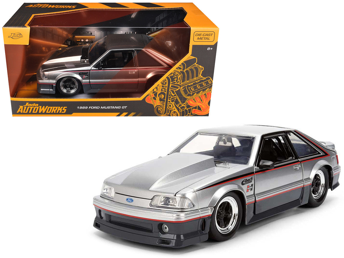 1989 Ford Mustang GT Silver Metallic and Gray with Black and Red Stripes "AutoWorks" Series 1/24 Diecast Car Model by Jada Jada