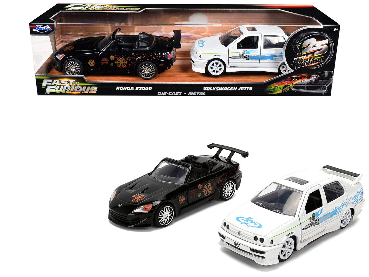 Honda S2000 Black with Graphics and Volkswagen Jetta White with Graphics Set of 2 pieces "25 Years of Fast & Furious" Series 1/32 Diecast Model Cars by Jada Jada