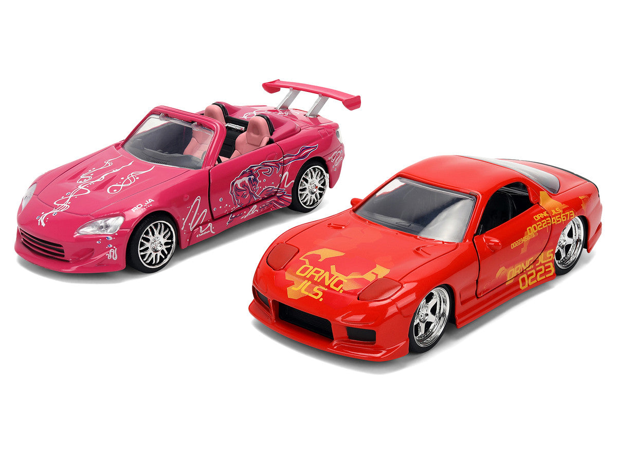 Honda S2000 Pink with Graphics and Mazda RX-7 Orange with Graphics Set of 2 pieces "25 Years of Fast & Furious" Series 1/32 Diecast Model Cars by Jada Jada