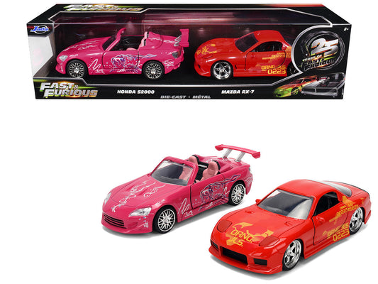 Honda S2000 Pink with Graphics and Mazda RX-7 Orange with Graphics Set of 2 pieces "25 Years of Fast & Furious" Series 1/32 Diecast Model Cars by Jada Jada