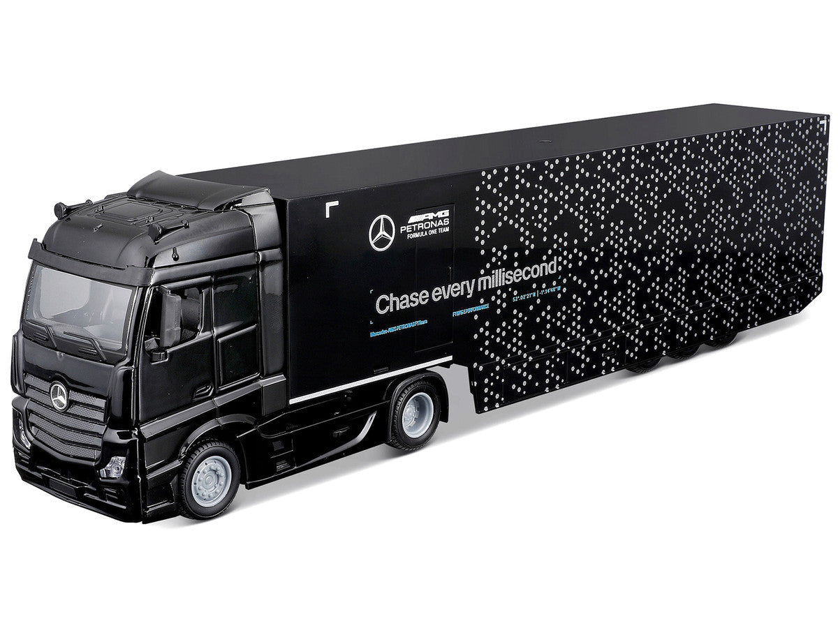 Mercedes-Benz Actros Gigaspace Car Transporter Black and Mercedes-AMG F1 W15 E Performance #63 George Russell "Petronas" Formula One F1 World Championship (2024) "Racing Hauler" Series 1/43 Diecast Model Car by Bburago Bburago