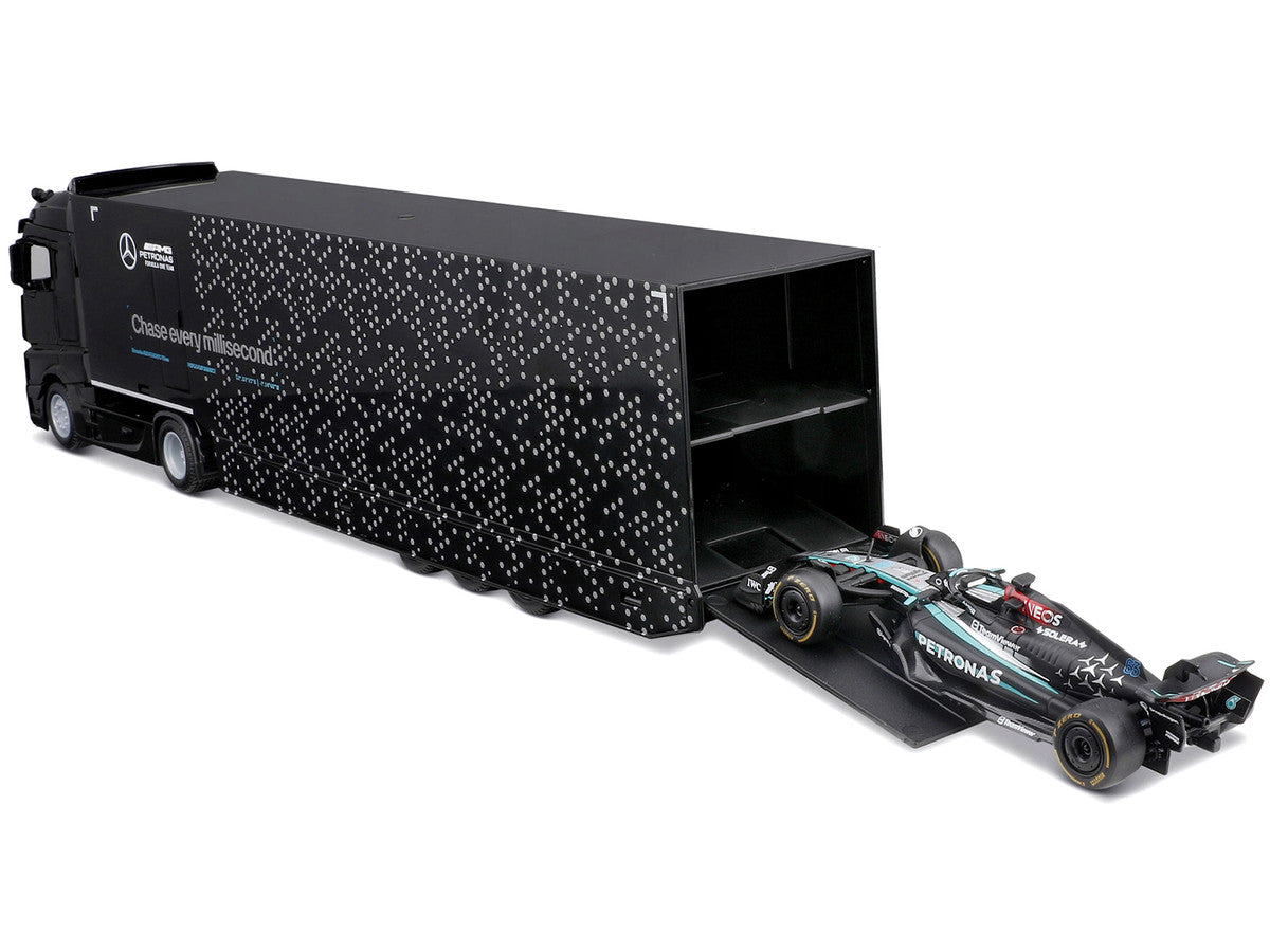 Mercedes-Benz Actros Gigaspace Car Transporter Black and Mercedes-AMG F1 W15 E Performance #63 George Russell "Petronas" Formula One F1 World Championship (2024) "Racing Hauler" Series 1/43 Diecast Model Car by Bburago Bburago