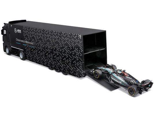 Mercedes-Benz Actros Gigaspace Car Transporter Black and Mercedes-AMG F1 W15 E Performance #63 George Russell "Petronas" Formula One F1 World Championship (2024) "Racing Hauler" Series 1/43 Diecast Model Car by Bburago Bburago