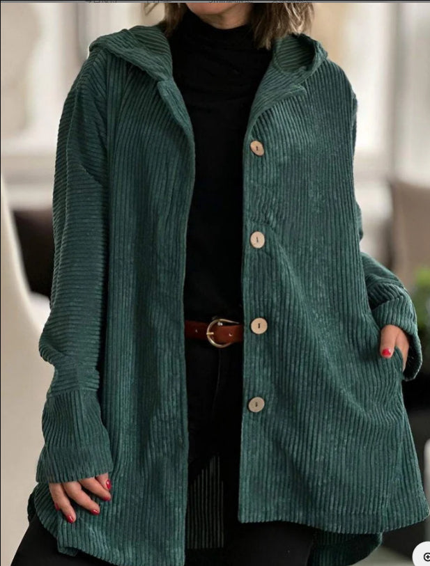 Women's Corduroy Hooded Jacket Fashion Warm Pockets Button Mid-length Top Casual Fall Winter Outwear Clothing Accent Plus