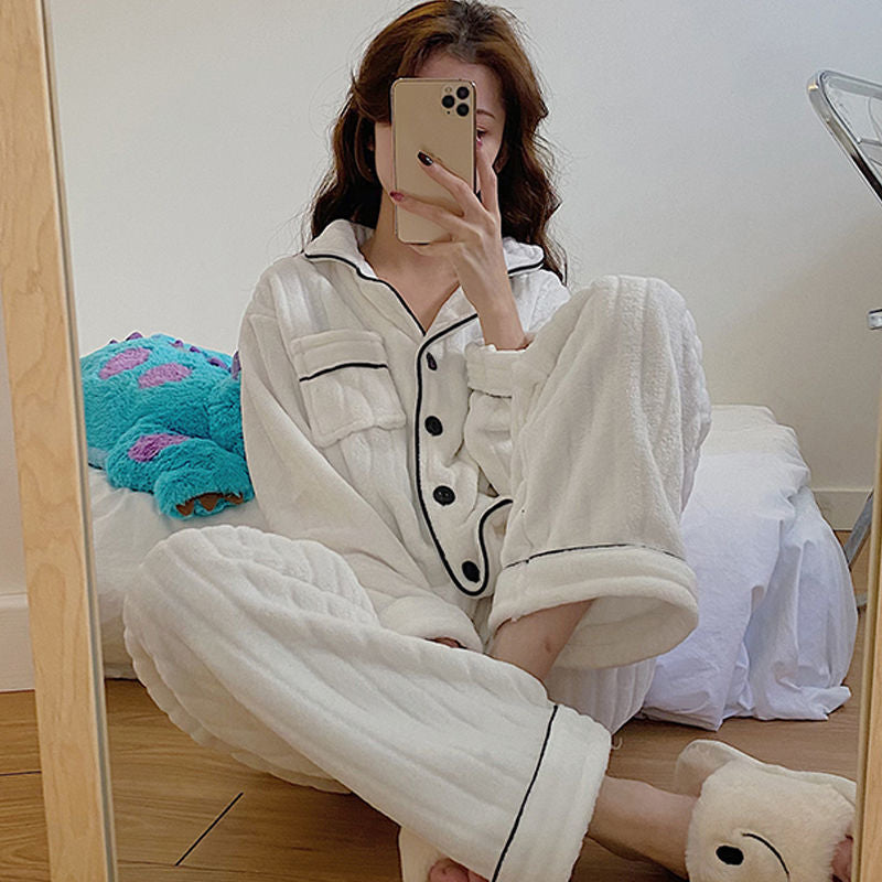 Women's Autumn And Winter Pajamas Warm Lapel Fleece Thick Suit