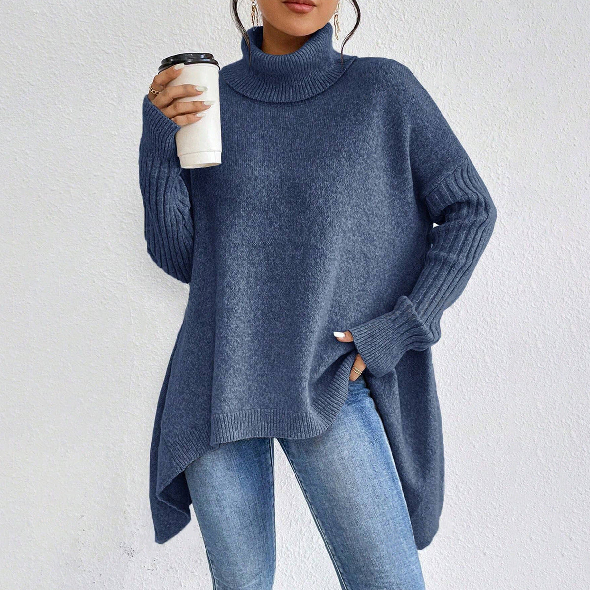 Irregular Turtleneck Sweater Winter Loose Long Sleeve Knitted Tops Leisure Warm Pullover Sweater Women's Clothing Best YouTube Store