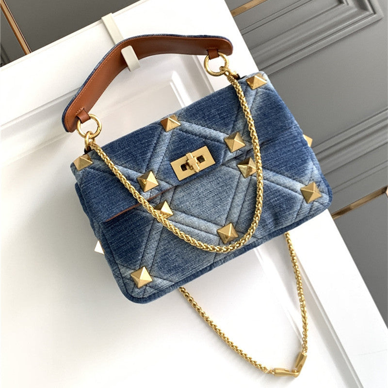 Denim With Cowhide Bag Large Rivet LadyShow.Store