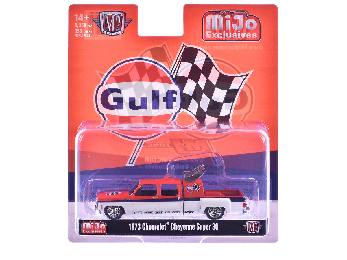 1973 Chevrolet Cheyenne Super 30 Pickup Truck "Gulf Oil" Orange and White with Blue Stripes Limited Edition to 9350 pieces Worldwide 1/64 Diecast Model Car by M2 Machines M2