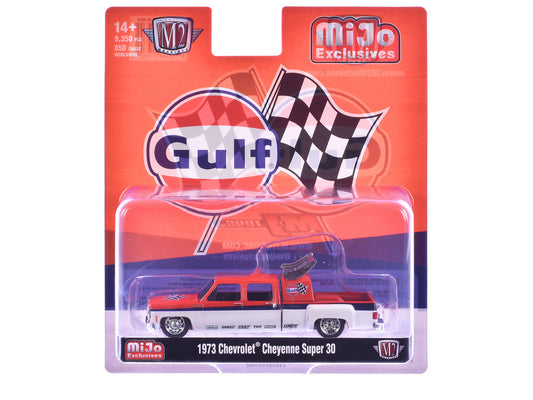 1973 Chevrolet Cheyenne Super 30 Pickup Truck "Gulf Oil" Orange and White with Blue Stripes Limited Edition to 9350 pieces Worldwide 1/64 Diecast Model Car by M2 Machines M2