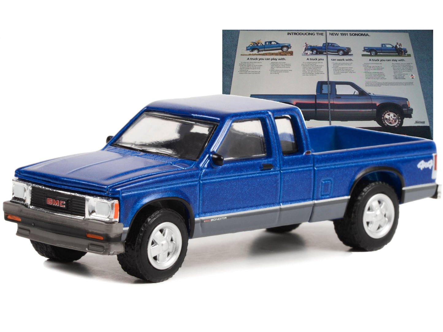 1991 GMC Sonoma Pickup Truck Blue Metallic and Gray "It's Not Just A Truck Anymore" "Vintage Ad Cars" Series 8 1/64 Diecast Model Car by Greenlight