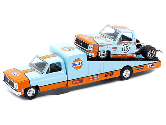 1973 Chevrolet C30 Wedge Truck Light Blue and Orange and 1978 Chevrolet Silverado 10 Bedless Truck #15 Light Blue and Orange (Rusted) "Gulf Oil" Limited Edition to 8000 pieces Worldwide 1/64 Diecast Model by M2 Machines-1