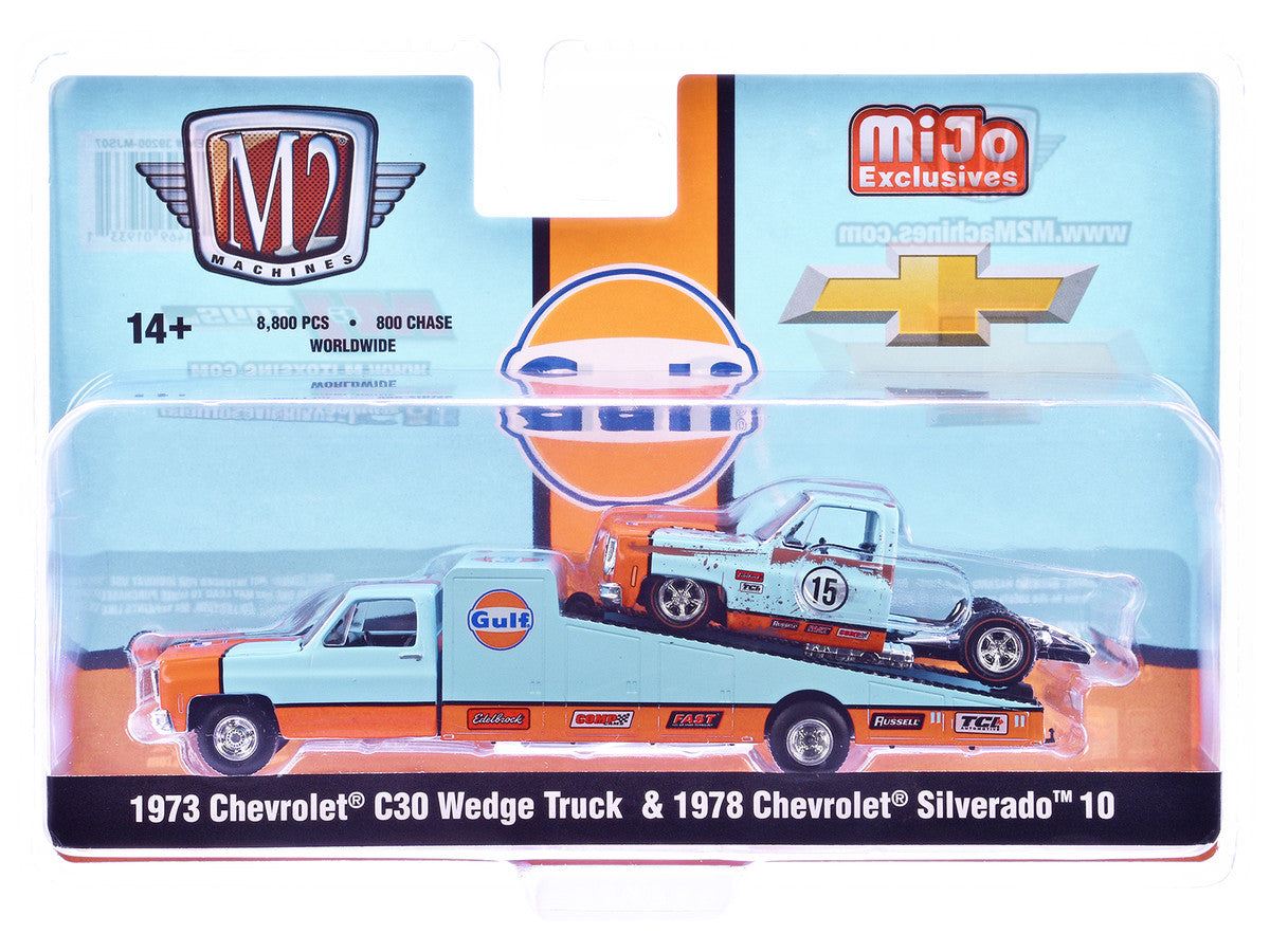1973 Chevrolet C30 Wedge Truck Light Blue and Orange and 1978 Chevrolet Silverado 10 Bedless Truck #15 Light Blue and Orange (Rusted) "Gulf Oil" Limited Edition to 8000 pieces Worldwide 1/64 Diecast Model by M2 Machines-2