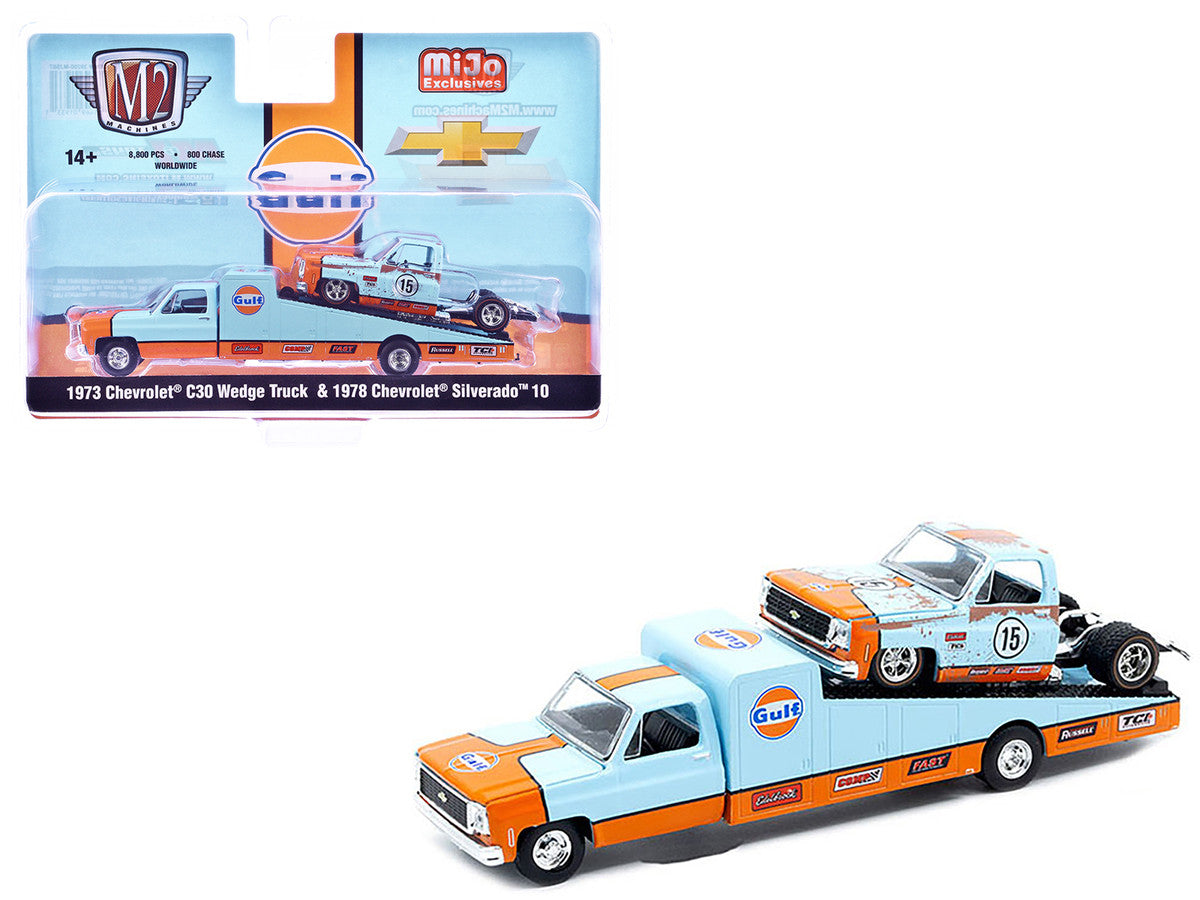 1973 Chevrolet C30 Wedge Truck Light Blue and Orange and 1978 Chevrolet Silverado 10 Bedless Truck #15 Light Blue and Orange (Rusted) "Gulf Oil" Limited Edition to 8000 pieces Worldwide 1/64 Diecast Model by M2 Machines-0