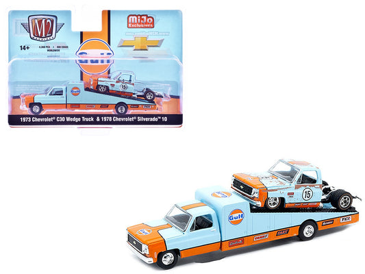 1973 Chevrolet C30 Wedge Truck Light Blue and Orange and 1978 Chevrolet Silverado 10 Bedless Truck #15 Light Blue and Orange (Rusted) "Gulf Oil" Limited Edition to 8000 pieces Worldwide 1/64 Diecast Model by M2 Machines