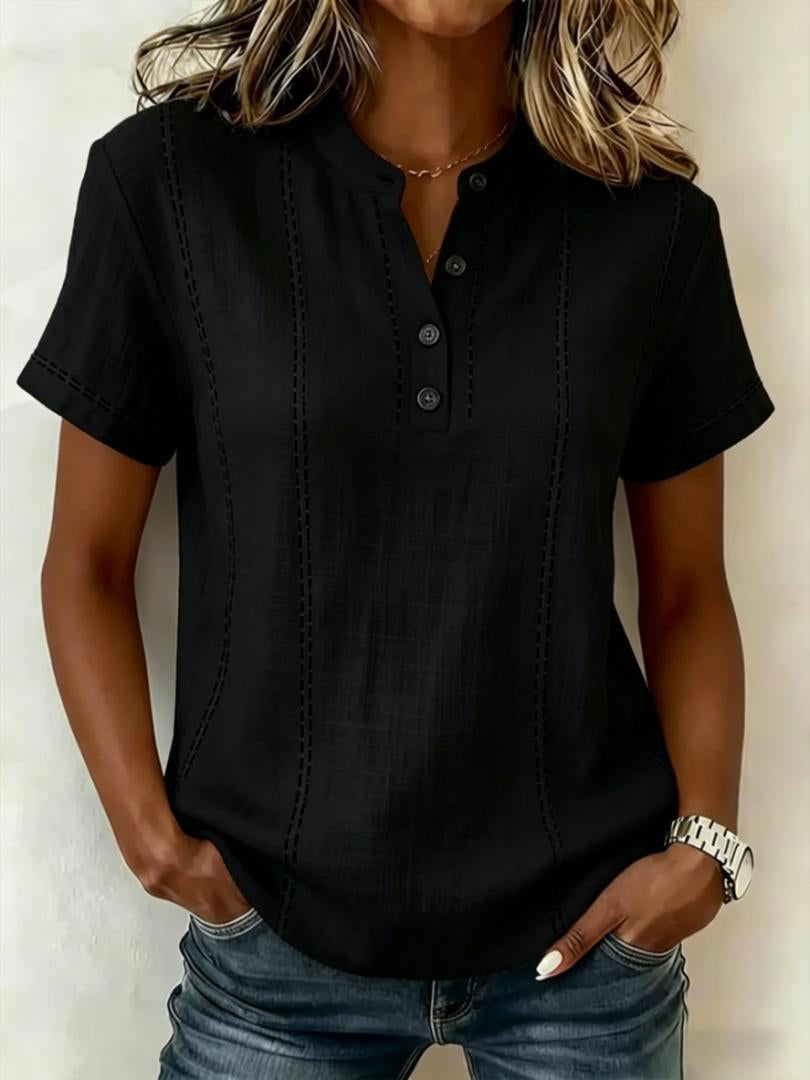 Summer Striped Short-Sleeve Shirts Casual Stand-Collar V-neck Button Blouse Womens Clothing LadyShow.Store