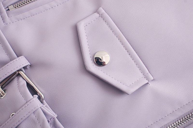 Women's Belted Motorcycle Jacket - Street Hipster Faux Leather Coat with Suit Collar (Black/Purple/Beige, XS-L) LadyShow.Store